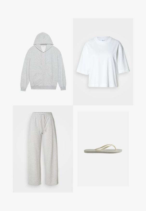 Grå zip-up hættejakke med en stor hætte, lange ærmer og frontlommer. Glat tekstur med en løs pasform og minimal detailing.; Hvid cropped t-shirt med korte ærmer, rund halsudskæring, lavet af blødt bomuldsmateriale, med et enkelt og rent design.; Even&Odd Petite Træningsbukser - mottled light grey; Enkelt off-white gummiflipper med tynde remme og tekstureret fodseng set fra siden på ensfarvet baggrund.