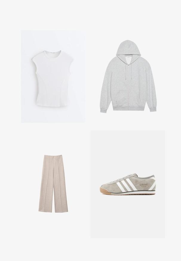 Grijze zip-up hoodie met een grote capuchon, lange mouwen en zijzakken. Glad formaat met een comfortabele pasvorm en minimale details.; Witte geribde mouwloze top met ronde halslijn en gebogen naaddetails op een effen witte achtergrond.; Beige wijde broek gemaakt van een zachte stof, met opvallende voorplooien en een op maat gemaakte hoge taille, zonder zichtbare zakken.; Grijze suède sneaker met drie witte strepen, een afgeronde neus, een buitenzool van gumrubber en een klein merkdetail aan de zijkant.