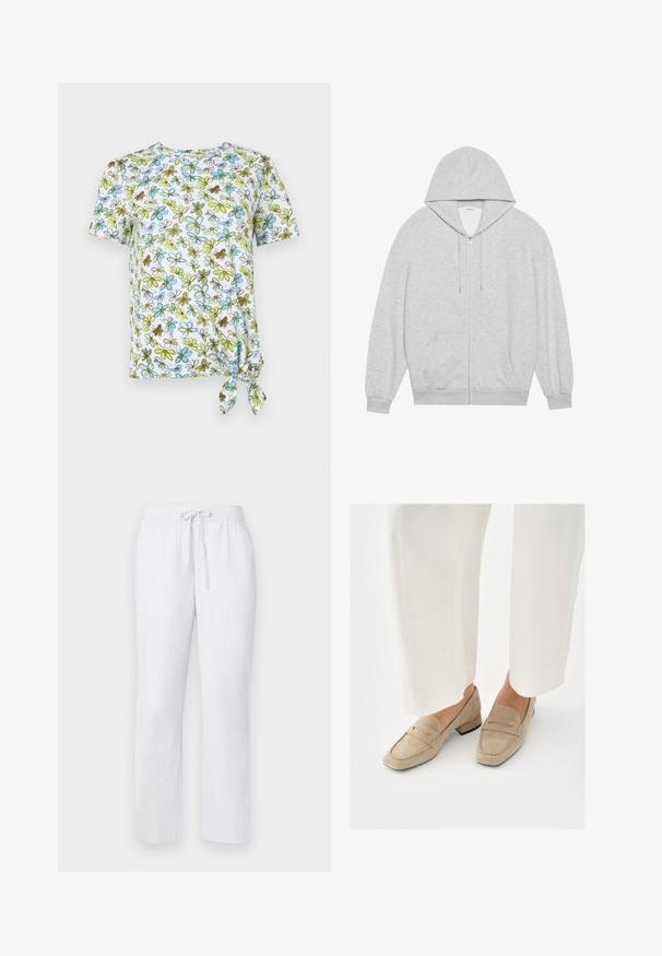 Grauer Reißverschluss-Hoodie mit großer Kapuze, langen Ärmeln und vorderen Taschen. Glatte Textur mit lockerer Passform und minimalem Design.; Kurzärmliges, weißes T-Shirt mit floralem Druck in Blau, Grün und Braun. Verfügt über ein geknotetes Detail an der Seite für einen gerafften Effekt.; Hellblaue Schlafanzughose mit strukturiertem Muster, elastischem Bund und Kordelzug. Gerader Schnitt, leichtes Material.; Beige Wildleder-Loafer mit niedrigem Absatz, einem gesteppten Design und abgerundeter Spitze. Kombiniert mit weißen, weit geschnittenen Hosen.