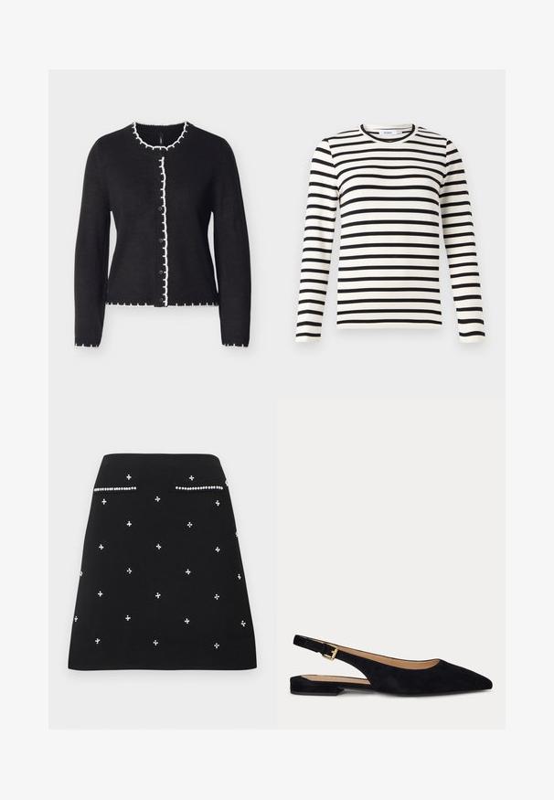 Cardigan noir avec un col rond, doté d'une bordure blanche à volants le long des bords et d'une fermeture à boutons noirs sur le devant.; T-shirt à manches longues en tissu doux, avec des rayures horizontales noires et blanches, un col rond et une silhouette ajustée.; Jupe noire trapèze ornée de petites perles blanches et deux fausses poches avant soulignées de perles.; Chaussure plate slingback en daim noir à bout pointu, avec un petit talon et une bride réglable avec boucle dorée.