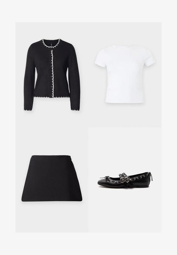 Cardigan noir avec un col rond, doté d'une bordure blanche à volants le long des bords et d'une fermeture à boutons noirs sur le devant.; T-shirt blanc uni à manches courtes et col rond, présenté sur un fond gris clair neutre.; Tissu noir en forme de trapèze, avec une texture lisse, un design sans couture et sans matériel visible. Forme simpliste adaptée à de multiples utilisations.; Chaussure de ballet plate noire avec doubles brides à boucle, œillets argentés et petit nœud près de l’orteil arrondi sur fond blanc.