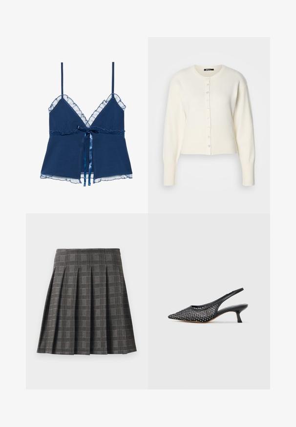 Gilet en tricot blanc avec ourlet côtelé et manches longues, doté d'un col rond et d'une rangée de boutons bleus sur le devant.; Débardeur bleu marine à fines bretelles, avec un bord en dentelle transparente à volants le long de l'encolure et de l'ourlet, et un ruban en satin noué à la taille.; Jupe plissée à motif écossais gris, fabriquée à partir d'un tissu texturé. Elle présente des plis verticaux et un ourlet droit.; Chaussure à talon bas en forme de kitten heel noire avec lanière arrière, bout pointu, tige en mesh ornée de petits clous argentés, et talon bas incurvé.