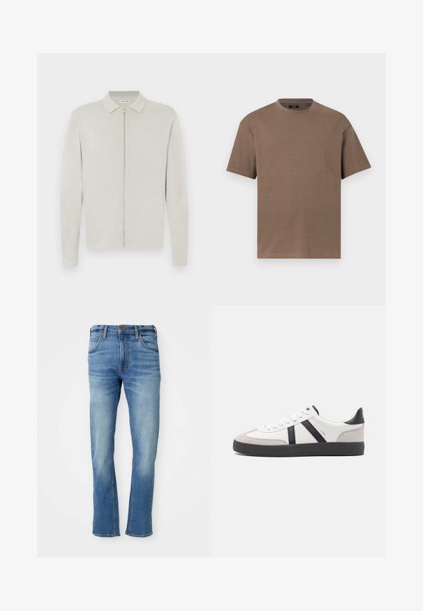 Cárdigan de punto beige claro de manga larga con cuello y cierre frontal con cremallera, mostrado sobre un fondo plano y blanco.; Camiseta marrón de manga corta con cuello redondo y corte regular, mostrada sobre un fondo blanco liso.; Jeans de mezclilla de color azul claro con corte recto, que presentan un diseño clásico de cinco bolsillos, un sutil desgaste en la tela y detalles de costura en contraste.; Zapatilla blanca con acentos en negro y gris, que presenta una puntera texturizada en gris, suela de goma negra y cordones planos blancos. Diseño limpio, estilo minimalista.