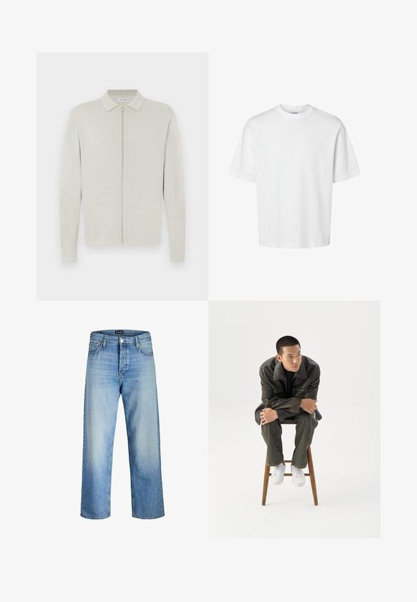 Lichtbeige gebreide cardigan met lange mouwen, kraag en ritssluiting aan de voorkant, afgebeeld op een vlakke, witte achtergrond.; Effen witte korte mouw T-shirt met ronde hals en een losse pasvorm, getoond op een witte achtergrond.; Lichtblauwe denim jeans met een ontspannen pasvorm, voorzien van een hoge taille, voorkwamen en een rechte pijp, met subtiele vervaging.; Jonge man in een donkere leren jas en spijkerbroek zit op een houten kruk, leunt naar voren met gekruiste armen en kijkt naar de zijkant tegen een witte achtergrond.
