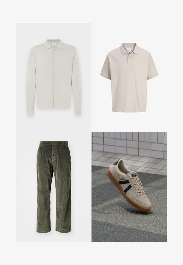 Cárdigan de punto beige claro de manga larga con cuello y cierre frontal con cremallera, mostrado sobre un fondo plano y blanco.; Polo beige de manga corta con finas rayas verticales, cuello clásico y tapeta con dos botones.; Pantalones de pana color verde oliva con acanalado vertical, que presentan un cierre de botón y un diseño de pierna recta. Textura suave con un ajuste clásico.; Zapatilla beige con acabado texturizado, rayas azul marino y suela de goma. Presenta una lengüeta acolchada y un sistema de cordones tradicional para un ajuste seguro.