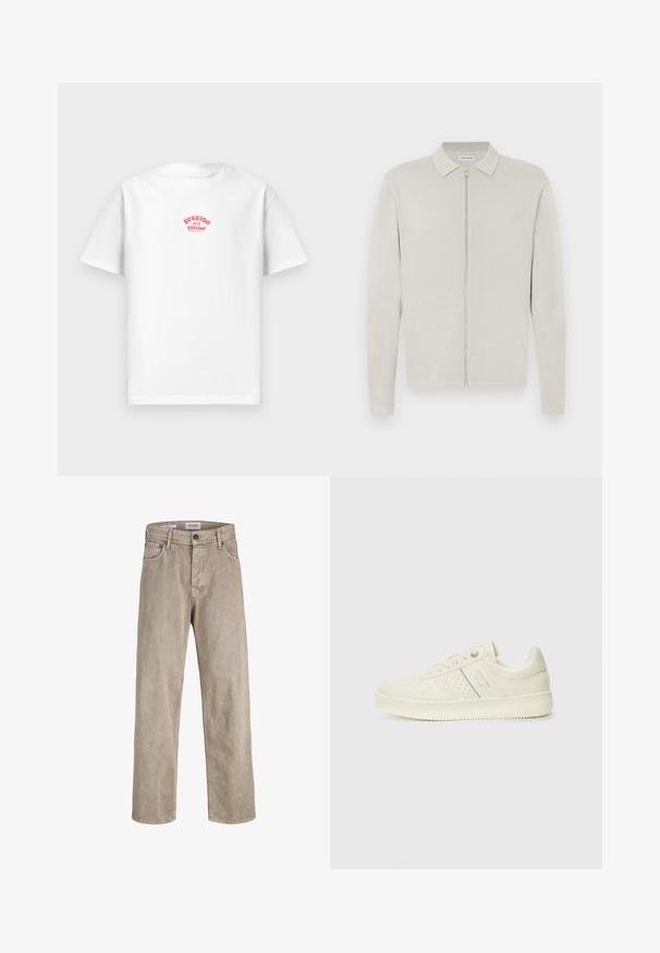 Hellbeige, langärmlige Strickjacke mit Kragen und Reißverschluss vorne, auf weißem, flachem Hintergrund dargestellt.; Weißes Baumwoll-T-Shirt mit rotem Druckdesign, das "Perdido en el paraíso" über die Brust liest, mit kurzen Ärmeln und lockerer Passform.; Helle beigem, weit geschnittene Hose, die vor einem schlichten weißen Hintergrund präsentiert wird. Sie verfügt über vordere Taschen und einen Knopfverschluss an der Taille.; Cremefarbene Sneaker mit perforierten Details, Schnürsenkeln und Logo an der Seite, vor einem schlichten weißen Hintergrund präsentiert.