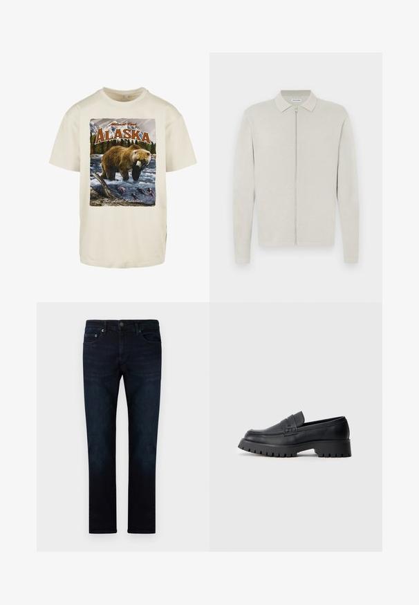 Lys beige, langærmet strikket cardigan med krave og frontlynlås, vist på en flad, hvid baggrund.; Cremefarvet bomuldstrøje med et grafisk print af en brun bjørn i vandet, bjerge og træer, med teksten "Alaska" og "Den Sidste Grænse."; Mørke denim jeans med lige ben design, der har forlommer, en subtil falmningstekstur og en metalknaplukning i taljen.; Sorte læder loafers med en rund tå, prydet med en dekorativ rem og en kraftig gummisål med dybe riller for grip.