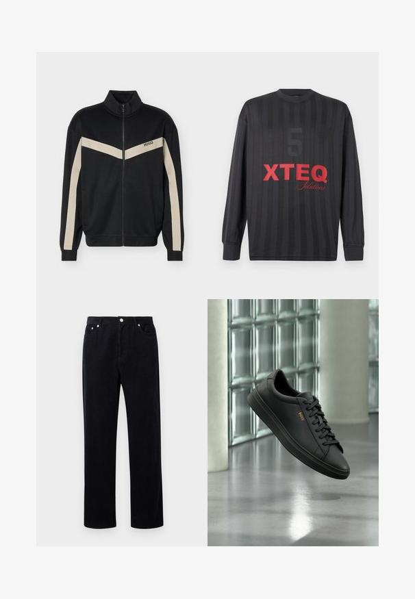 Chaqueta negra con cremallera y franjas en forma de chevron beige en el pecho y las mangas, con el logotipo "HUGO" en el lado izquierdo del pecho.; Camiseta negra de manga larga con sutiles rayas verticales, que presenta un gran número 5 oscuro y el texto en rojo intenso "XTEQ Solutions" en el frente.; Pantalones de pana negra con diseño de pierna recta, que cuentan con un cierre de botón y cremallera, cinco bolsillos y un tejido suave y texturizado.; Zapatilla baja de piel negra con cordones negros y logo dorado BOSS en el lateral, flotando sobre un suelo gris brillante en un espacio interior moderno.