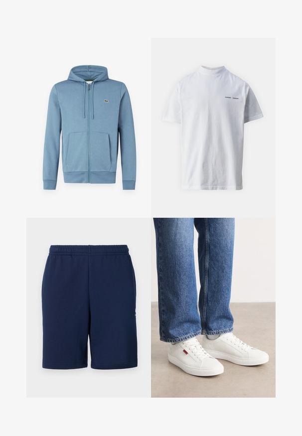 Lyseblå zip-up hoodie lavet af blødt stof. Har en hætte med snore, forlommer og et brandlogo på brystet.; Hvid bomulds t-shirt med høj halsudskæring og korte ærmer. Har "SAMSØE SAMSØE" logo i sort på forsiden. Glat tekstur.; Mørkeblå shorts lavet af blødt materiale, med elastisk talje og sidelommer. Minimalistisk design uden synlige mønstre.; Hvide sneakers med en glat overflade, rund tå og flad sål. Accompaneret af blå denim jeans med en lige pasform og synlige sømme.
