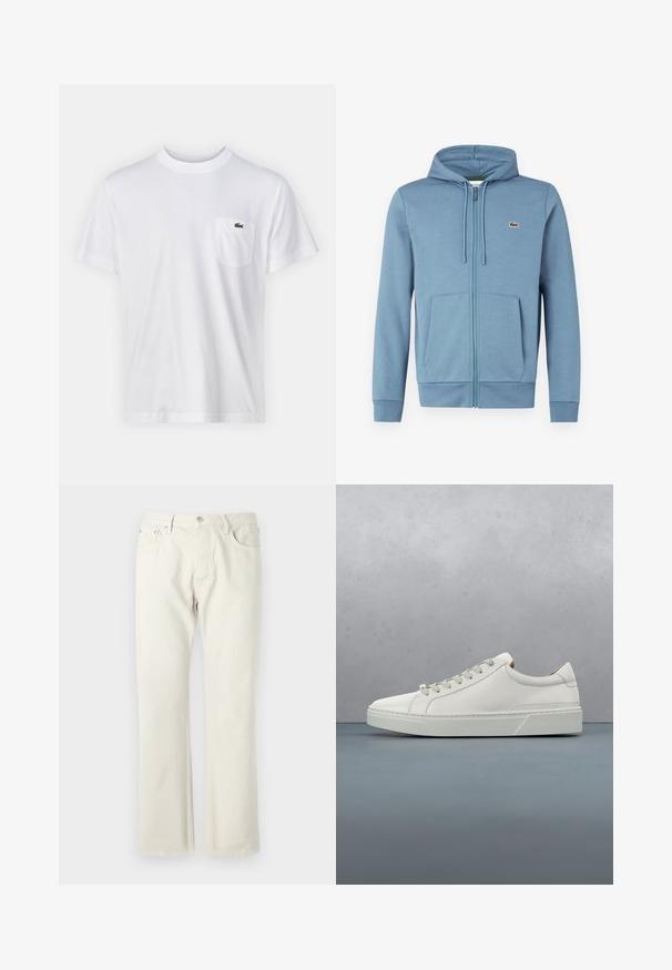 Lyseblå zip-up hoodie lavet af blødt stof. Har en hætte med snore, forlommer og et brandlogo på brystet.; Hvid bomulds T-shirt med rund halsudskæring og korte ærmer. Har en lomme på venstre bryst og et lille grønt Lacoste-logo.; Lys beige straight-leg jeans lavet af bomuldsdenim. Har lommer, en klassisk knaplukning og en subtil tekstur uden mønstre.; Hvid lædersneaker med rund tå, minimalistisk design, grå snørebånd og en tekstureret grå gummisål. Subtile syningsdetaljer er synlige.