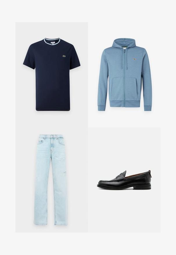 Lyseblå zip-up hoodie lavet af blødt stof. Har en hætte med snore, forlommer og et brandlogo på brystet.; Marineblåt T-shirt i bomuld, med en lys blå ribbet halsudskæring. Har et lille grønt krokodille-logo på brystet. Kortærmet design.; Lyseblå højtaljede straight jeans med let slid på lårene og et klassisk fem-lommer design.; Sort læder herre loafer med moc-tå syning, penny strop, struktureret krave og lav stablet hæl på hvid baggrund.