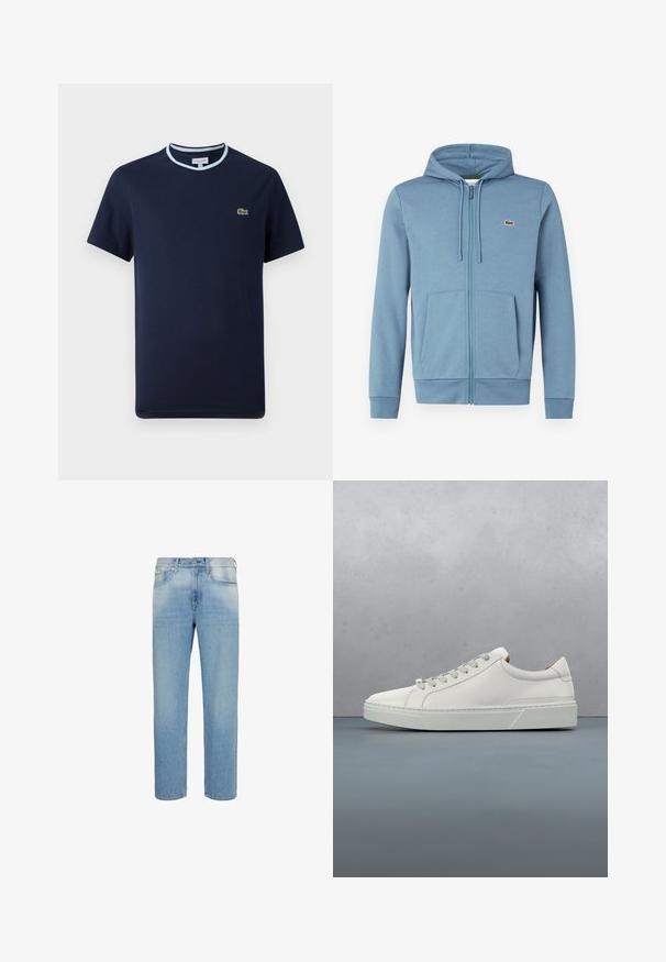 Lyseblå zip-up hoodie lavet af blødt stof. Har en hætte med snore, forlommer og et brandlogo på brystet.; Marineblåt T-shirt i bomuld, med en lys blå ribbet halsudskæring. Har et lille grønt krokodille-logo på brystet. Kortærmet design.; Lyseblå jeans med lige ben, forlommer, bæltestropper og knaplukning, vist mod en hvid baggrund.; Hvid lædersneaker med rund tå, minimalistisk design, grå snørebånd og en tekstureret grå gummisål. Subtile syningsdetaljer er synlige.