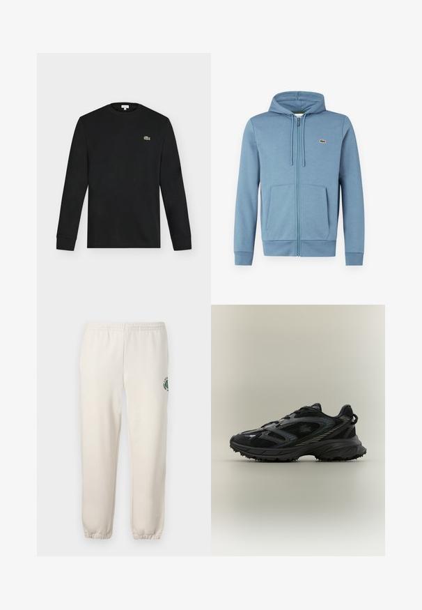 Lyseblå zip-up hoodie lavet af blødt stof. Har en hætte med snore, forlommer og et brandlogo på brystet.; Sort langærmet crew neck skjorte med lille grønt krokodillelogo på venstre bryst, vist mod en ensartet lys baggrund.; Lys beige sweatpants lavet af bomuld, med elastisk talje, ribbede mansjetter og et grønt logo med bladdesign på venstre ben.; Sort atletisk sko med meshpaneler, en tekstureret sål, snørebånd og en buet silhuet med sølvfarvede accenter på siderne.