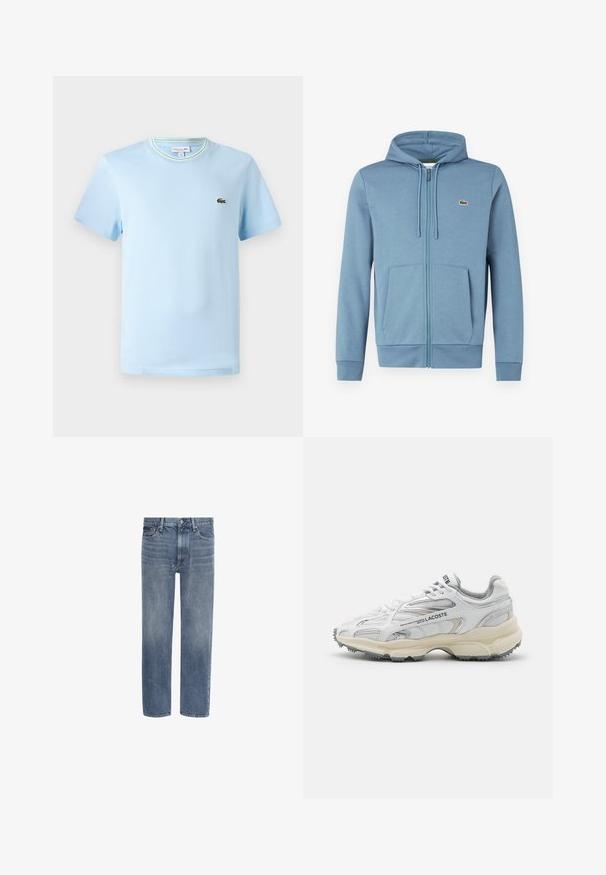 Lyseblå zip-up hoodie lavet af blødt stof. Har en hætte med snore, forlommer og et brandlogo på brystet.; Lys blå bomulds-T-shirt med korte ærmer, en rund hals med en grøn og hvid stribet kant, og et lille broderet logo på brystet.; Blå straight-leg denim jeans med forlommer, bæltestropper og knaplukning.; Hvide sportssko med grå detaljer, overdel i mesh og syntetiske materialer, snørebåndsdesign og tekstureret gummisål med grebemønstre.