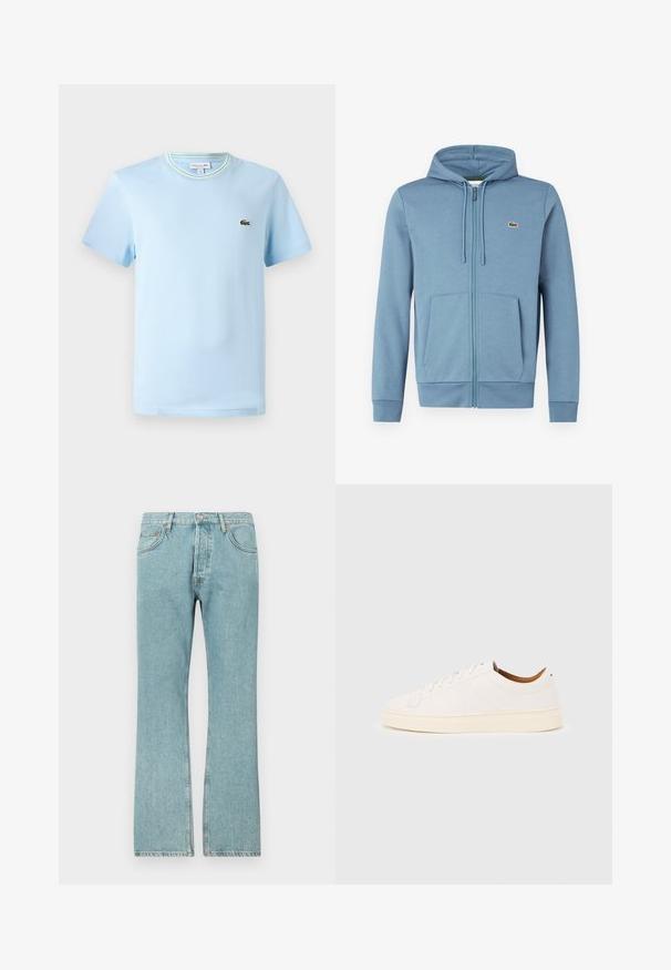 Lyseblå zip-up hoodie lavet af blødt stof. Har en hætte med snore, forlommer og et brandlogo på brystet.; Lys blå bomulds-T-shirt med korte ærmer, en rund hals med en grøn og hvid stribet kant, og et lille broderet logo på brystet.; Lysblå denimjeans med lige ben-design, der har fem lommer og en knaplukning. Synlige sømme og frynsedetaljer i kanten.; Hvid lavtop-sneakers med snørelukning, minimale syningsdetaljer og en cremefarvet sål på en lysegrå baggrund.