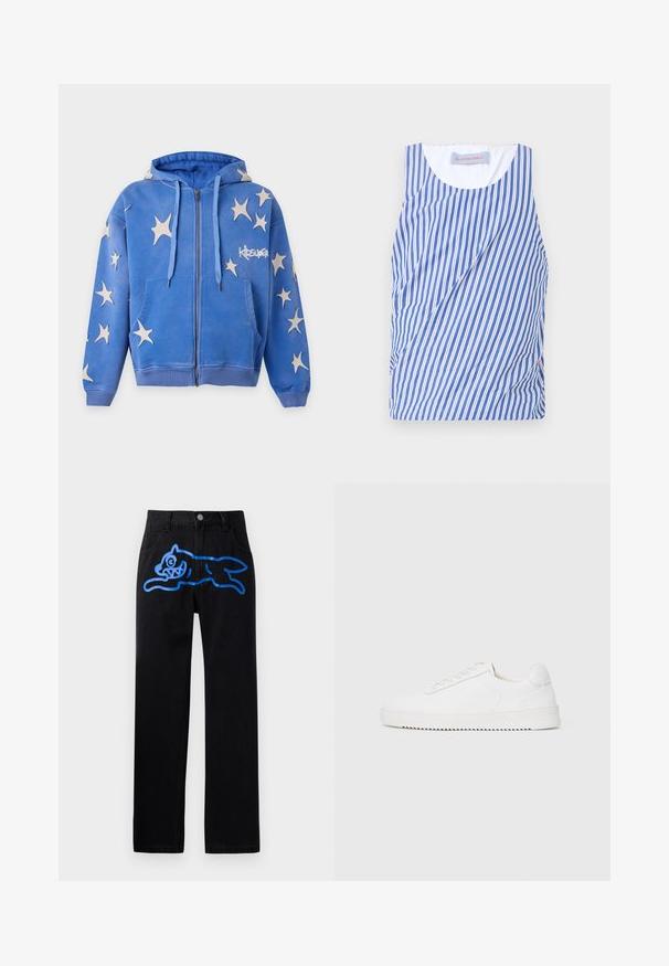 Blå hættetrøje med lynlås med hvide stjerneformede pletter, forlommer, snore og "KIDSUPER"-logo på højre bryst.; Blå og hvid stribet tanktop med rund udskæring og detaljer med ruching i siden. Fremstillet af letvægtsstof med en glat tekstur.; Sorte denimbukser med en afslappet pasform, prydet med et levende blåt grafisk motiv af en springende kat foran. Klassisk fem-lomme design.; Hvid sneaker med en glat læderoverdel, rund tå, snørebånd, teksturerede sideaccenter og en tyk gummisål. Minimalistisk design.