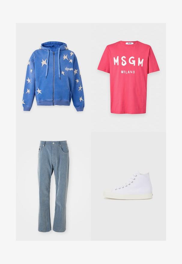 Blauer Kapuzenpullover mit Reißverschluss, weißen sternförmigen Aufnähern, Fronttaschen, Kordelzügen und "KIDSUPER"-Logo auf der rechten Brust.; Rotes Kurzarm-T-Shirt mit weißem Pinselstrich-Text "MSGM" über kleinerem "MILANO" auf der Vorderseite, Rundhalsausschnitt, einfarbiger Hintergrund.; Hellblaue Cordhosen mit Knopf- und Reißverschluss, Fronttaschen und geradem Bein auf weißem Hintergrund.; Weiße Canvas-Sneaker mit hohem Schnitt, runder Zehenpartie, Metallösen und cremefarbener Gummisohle. Glatte Textur mit minimalen Designdetails.