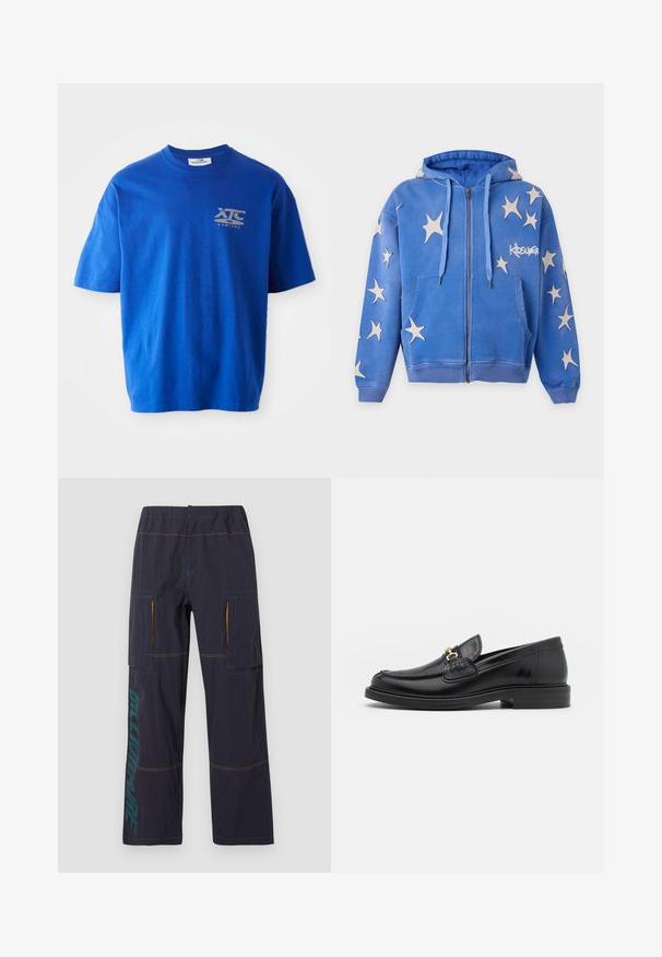 Sweat à capuche zippé bleu avec des patchs blancs en forme d'étoile, poches avant, cordons et logo "KIDSUPER" sur le côté droit de la poitrine.; T-shirt en coton bleu à manches courtes, avec un logo gris sur le côté supérieur gauche de la poitrine, col rond et coupe décontractée.; Pantalon cargo bleu marine avec taille élastique, poches latérales à rabat doublées d'orange, et texte "DELL'ORTO" en bleu sarcelle sur la jambe gauche.; Mocassins en cuir noir avec un embout rond, présentant des accents en métal doré et des détails de couture, montés sur une semelle en caoutchouc texturé et basse.