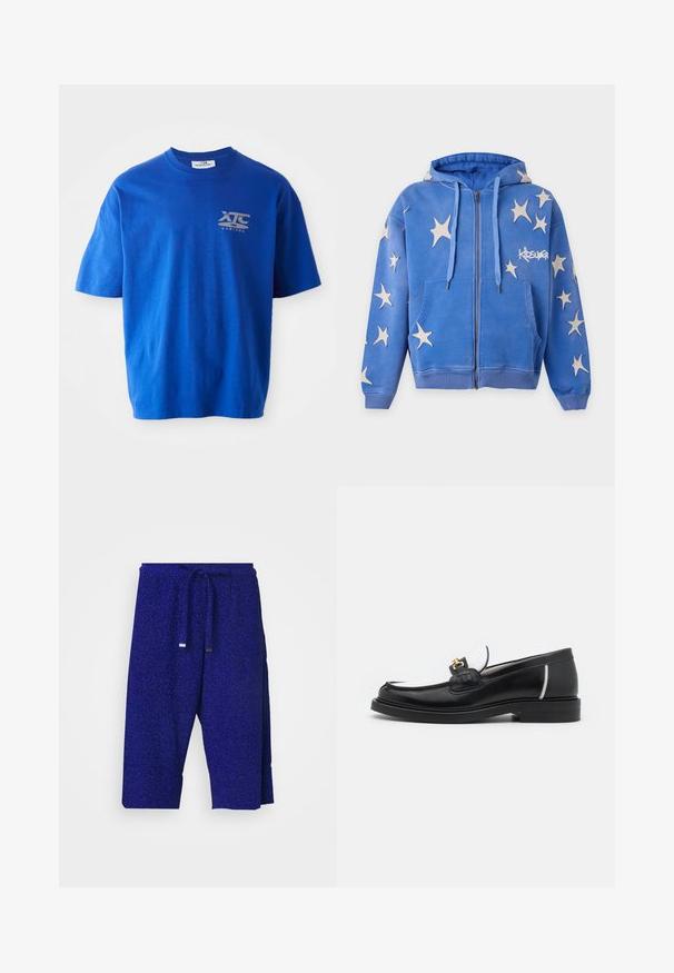 Blå hættetrøje med lynlås med hvide stjerneformede pletter, forlommer, snore og "KIDSUPER"-logo på højre bryst.; Blå bomulds t-shirt med kortærmer, prydet med et gråt logo på den øverste venstre bryst, rund halsudskæring og en afslappet pasform.; Blå glitrende shorts med snøring i taljen, der har en løs pasform og knælængde, lavet af blødt, struktureret stof.; Sort læder loafers med rund tå, hvide detaljer og guldbelagte metaldele på vamps. Har et struktureret patch og stablet hæl.