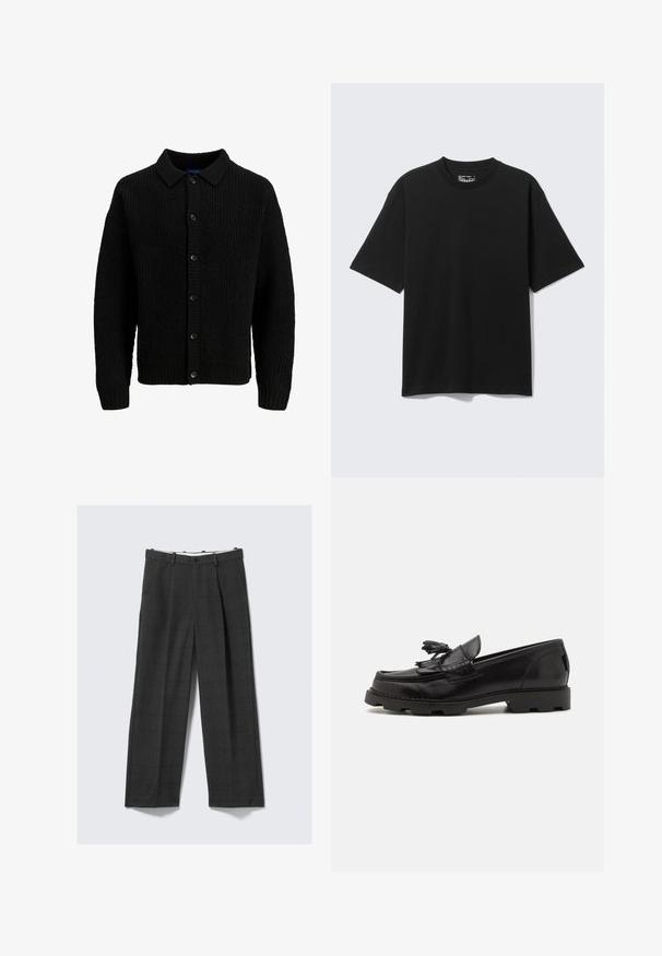 Sort strikket cardigan med krave, der har et struktureret mønster, knaplukning og ribbede manchetter. Ingen synlige logoer eller accenter.; Sort T-shirt med korte ærmer og løs pasform med rund hals, vist fladt på lysegrå baggrund.; Løse, mørkegrå bukser med ternet mønster, lavet af struktureret stof. Har en knaplukning og to sidelommer.; Sorte læderloafer med et mokkasindesign, der har en dekorativ frynse og kvast, tekstureret overflade og kraftig gummisål.