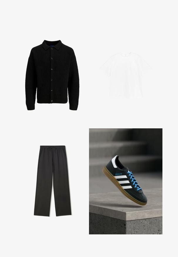Zwarte gebreide cardigan met een kraag, voorzien van een textuurpatroon, knoopsluiting en geribde manchetten. Geen zichtbare logo's of accenten.; Korte mouwen crewneck t-shirt van stevig wit katoen. Standaard pasvorm met een eenvoudig ontwerp zonder zichtbare patronen of accenten.; Zwarte broek met elastische taille, trekkoord en zijzakken, voorzien van een losse pasvorm en rechte pijpen.; Zwarte Adidas-sneaker met witte strepen, blauwe veters en een gumzool die boven een grijze betonnen trede zweeft in zacht licht.