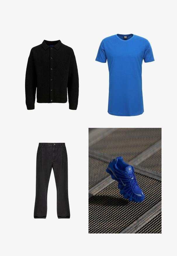 Must muströmpknit cardigan kraevi, millel on tekstureeritud muster, nupplukuga ja soonikkoes varrukatega. Ilma nähtavate logode või aktsentideta.; Sinine puuvillane T-särk ümarate kraega ja lühikeste varrukatega; sile tekstuur, veidi veniv, sirge alläärega. Ilma mustrite ja aktsentideta.; Mustad denim püksid sirge jala disainiga, viie taskuga, nööpkinnitusega ja kerge fade tekstuuriga.; Sinine spordijalats, millel on võrkmaterjalist pealsed, tekstuuriga disain ja silmapaistev tallapool, kus on eristuvad pehmenduselemendid ja reflektiivsed aktsendid.