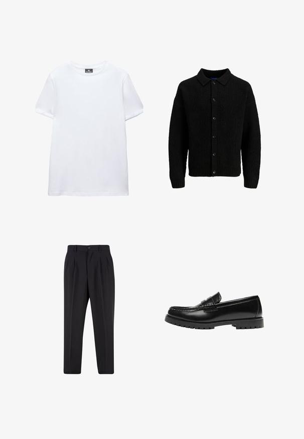 Sort strikket cardigan med krave, der har et struktureret mønster, knaplukning og ribbede manchetter. Ingen synlige logoer eller accenter.; Simpel hvid t-shirt med korte ærmer og rund halsudskæring med en sort Pull&Bear mærkat indeni kraven, vist på en hvid baggrund.; Sorte skræddersyede bukser med forreste læg, bæltestropper og knaplukning i taljen.; Sort læderloafer med en kraftig gummisål og klassiske penny-strap detaljer, vist fra ydersiden.