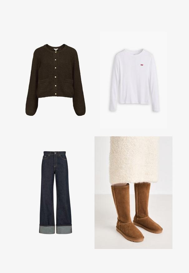 Mørkebrun strikket cardigan med rund hals, prydet med seks gyldne knapper, to forlommer og lange ærmer. Blød tekstur.; Hvid langærmet skjorte lavet af blødt bomuld. Har et lille rødt Levi's logo på venstre bryst. Klassisk crew neck design.; Mørkeblå bukser med bred benvide og opsmøg i bunden, foran med knap- og lynlås lukning samt orange syninger.; Knæhøje brune ruskindsstøvler med en glat tekstur, der har sidesyninger og en gummisål for bedre greb.