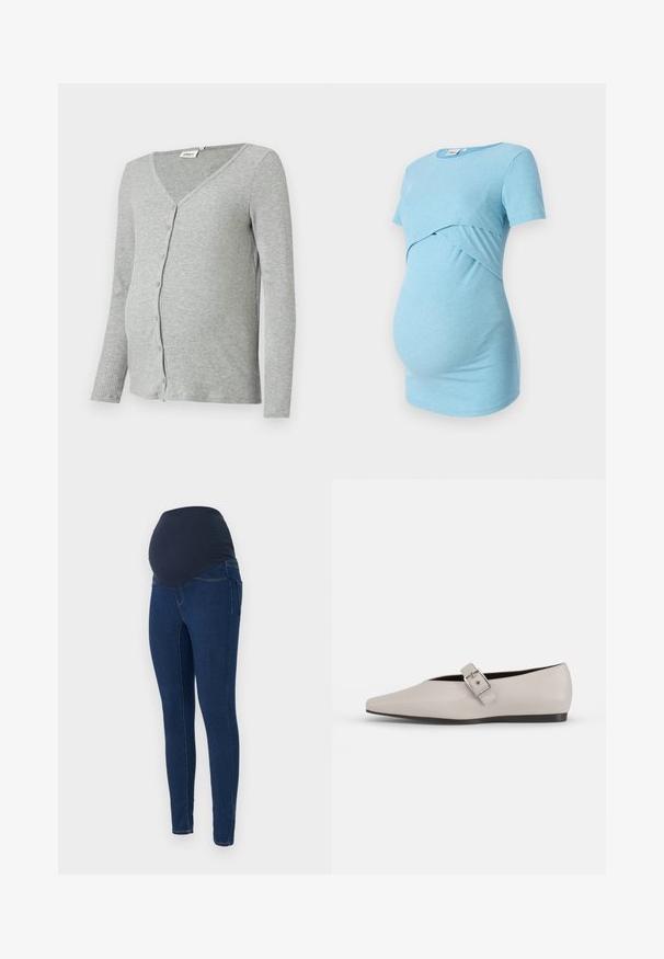 Cárdigan de maternidad gris con canalé, de manga larga, escote en V y cierre de botones en la parte delantera. Textura suave con forma ajustada.; Top de maternidad azul claro con franjas y mangas cortas, con un diseño cruzado en la cintura, diseñado para la comodidad y la elasticidad.; Jeans de maternidad en denim azul oscuro, con una cinturilla elástica oscura y un diseño ajustado con bolsillos.; Zapato plano de cuero beige con punta afilada, un detalle de hebilla lateral y suela negra baja. Textura suave y diseño minimalista.