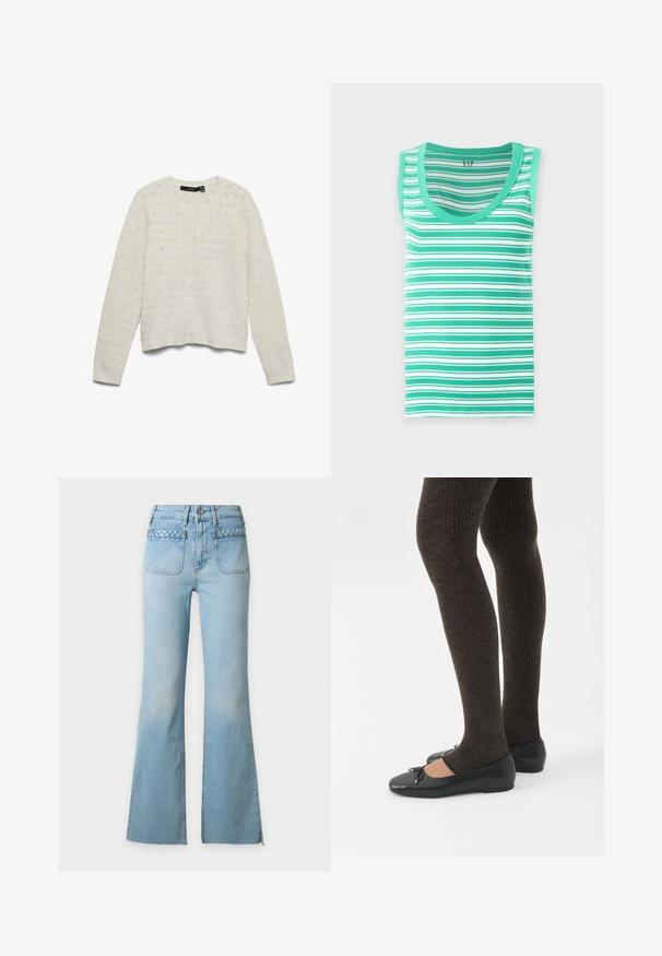 Cardigan tricoté beige clair à manches longues, col rond et petits boutons sur le devant, avec un motif texturé subtil.; Débardeur côtelé sans manches avec des rayures horizontales vertes et blanches et un col arrondi.; Jean en denim bleu clair taille haute avec jambes évasées et poches plaquées à l'avant ornées d'un détail de bordure tressée.; Jambes portant des leggings côtelés foncés associés à des ballerines noires avec de petits détails en nœud sur fond blanc.