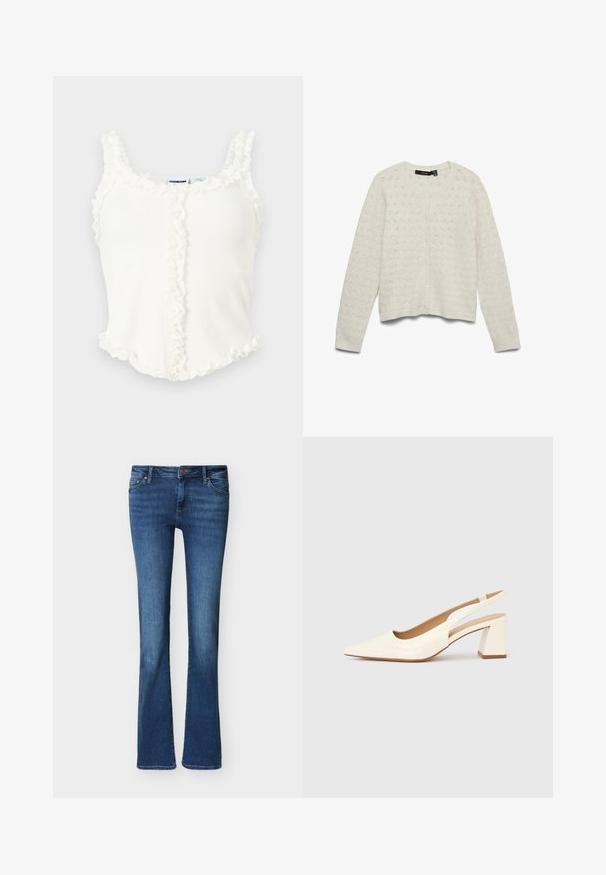 Cárdigan tejido de color beige claro con mangas largas, escote redondo y pequeños botones al frente, con un patrón texturizado sutil.; Camiseta sin mangas blanca con canalé y bordes con volantes en las tiras, el escote, la costura frontal y el dobladillo, mostrada sobre un fondo gris claro.; Vaqueros azul vaquero de corte bota con bolsillos delanteros, trabillas para cinturón y cierre de botón, mostrados sobre un fondo blanco liso.; Zapato de salón con tira trasera en charol crema brillante, con punta afilada y tacón cuadrado grueso para mayor estabilidad. Diseño minimalista, sin adornos.