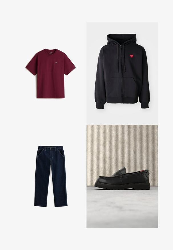 Sudadera con cremallera negra de mezcla de algodón, con un bolsillo frontal y un logo de corazón rojo en el pecho izquierdo. Textura suave, capucha ajustable con cordón.; Camiseta de algodón marrón con mangas cortas, escote redondo y pequeño logo blanco de Vans en el pecho izquierdo. Textura suave, corte holgado.; Pantalones vaqueros de mezclilla de color azul oscuro con corte recto, que cuentan con cinco bolsillos y costuras en blanco que contrastan a lo largo de las costuras y los bolsillos.; Mocasín de cuero negro con suela resistente y forro interior rojo, posicionado en el aire sobre una alfombra beige y cerca de un mueble de madera.