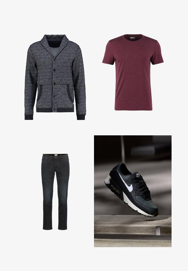 Grijze, gestructureerde cardigan met een sjaalkraag, vijf knopen, twee voorzakken en ribboorden. Bevat een subtiel patroon over het geheel.; Bordeaux gekleurde crew-neck t-shirt van zachte stof, met korte mouwen en een gladde textuur, geschikt voor casual draag.; Slim-fit jeans in een donkere denimwassingen, met vijf zakken, riemlussen en een rits. Glad textuur met minimale vervaging en stikseldetails.; Zwart-grijze Nike Air Max sneaker met witte swoosh, zwevend boven een betonnen oppervlak tegen een wazige donkere achtergrond.