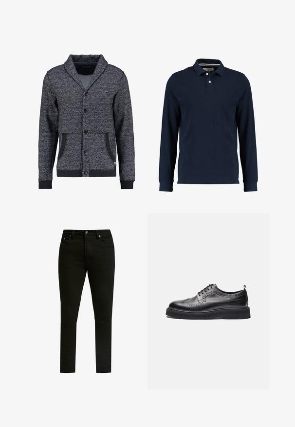 Grauer, strukturierter Cardigan mit einem Schalkragen, fünf Knöpfen, zwei Fronttaschen und gerippten Bündchen. Verfügt über ein subtil gemustertes Design.; Marineblaues Langarm-Polohemd aus Baumwolle, mit klassischem Kragen, Zwei-Knopf-Leiste und glatter Textur.; Schwarze Jeans aus Denim mit schmaler Passform, klassischem Fünf-Taschen-Design, Metallknopfverschluss und dezenten Nähdetails.; Schwarzer Leder-Brogue-Schuh mit Flügelkappen-Design, perforierten Details, Schnürverschluss, dicker Sohle und Zuglasche an der Ferse, seitlich gezeigt.