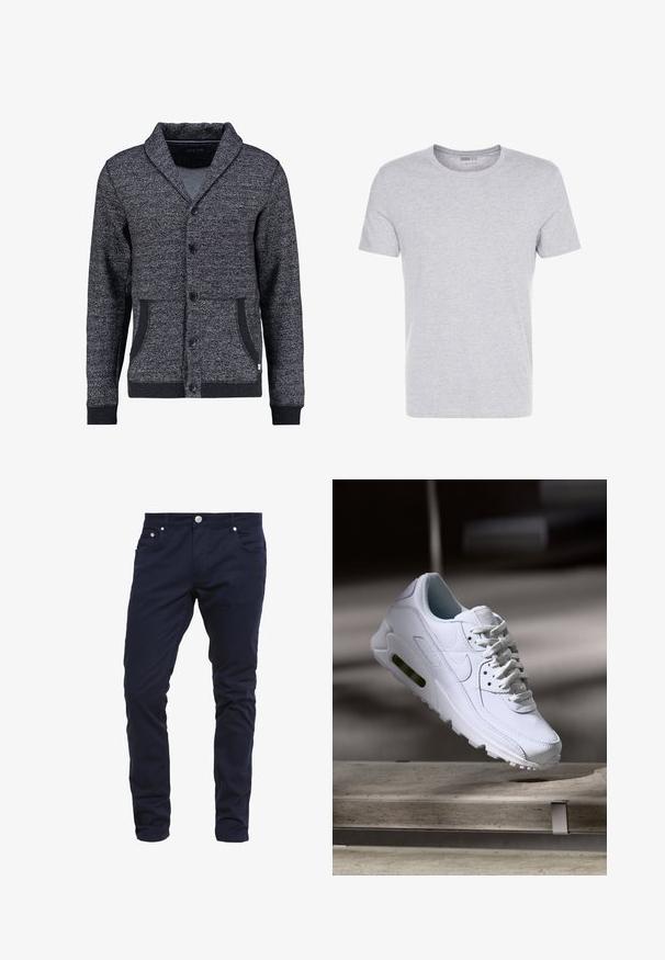 Grå, struktureret cardigan med sjalskrave, fem knapper, to frontlommer og ribborder. Har et subtilt mønster gennem hele.; Grå bomulds T-shirt med rund hals, korte ærmer og et enkelt design, som har en blød, glat tekstur uden synlige mønstre eller udsmykninger.; Marineblå slim-fit bukser lavet af bomuldsblandingsstof, med knaplukning, fem lommer og diskrete syninger.; Hvide lædersneakers med teksturerede overflader, polstret krave og synlig luftpolstring i sålen. Har snørrebånd og et minimalistisk design.