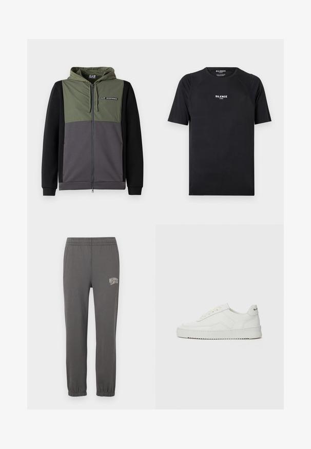 Sudadera con cremallera completa en un diseño de bloques de color verde, gris y negro. Cuenta con una capucha desmontable, puños elásticos y un acento de logo en el pecho.; Camiseta negra de manga corta hecha de una tela suave, con cuello redondo y un logo blanco que dice "SILENCE" en el pecho.; Pantalones de chándal grises con una cintura elástica, puños ajustados y un pequeño logo blanco que dice "Billionaire Boy Club" en el muslo izquierdo.; Zapatilla de cuero blanca con un acabado suave, puntera redonda, cordones planos y suela texturizada. Cuenta con un sutil logo en el talón.