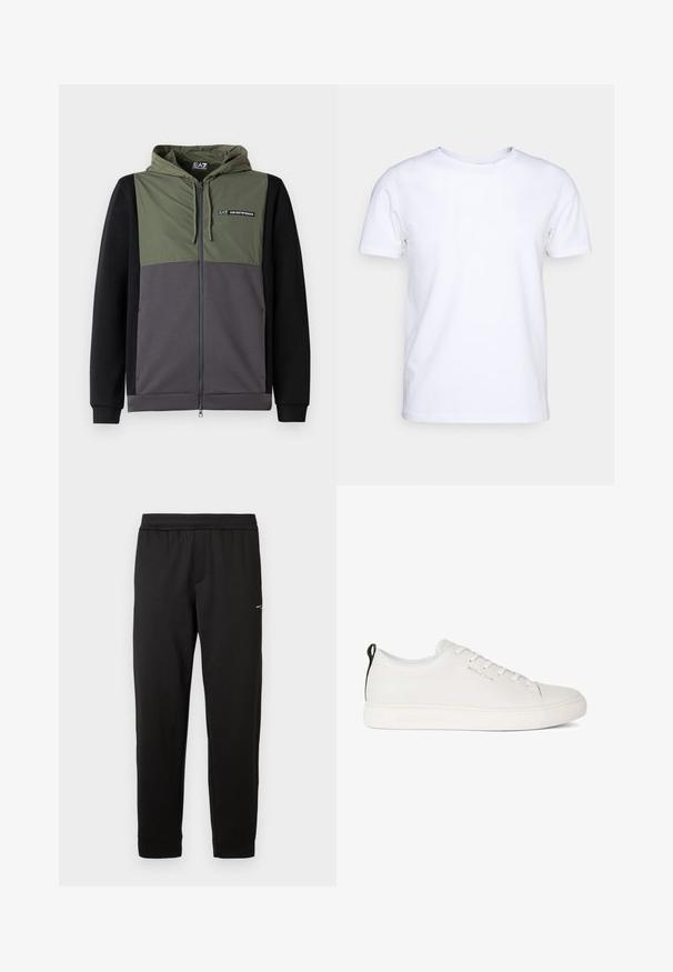 Sudadera con cremallera completa en un diseño de bloques de color verde, gris y negro. Cuenta con una capucha desmontable, puños elásticos y un acento de logo en el pecho.; Camiseta blanca de manga corta en tejido de algodón con cuello redondo. Diseño simple sin patrones ni acentos. Textura suave.; Pantalones deportivos negros hechos de tela suave. Cintura y puños elásticos. Cuenta con un pequeño logo en el lateral. Diseño de pierna recta.; Zapatilla de cuero blanca con puntera redondeada, suela de goma plana y costuras en tono. Presenta un cierre con cordones en la parte delantera y una lengüeta en el talón de color negro.