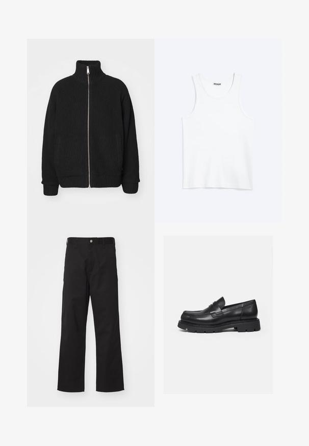 Carhartt WIP BANLEY JACKET - Chaqueta de punto - black; Camiseta sin mangas blanca con cuello redondo y etiqueta de la marca Weekday en el interior del cuello trasero, mostrada plana sobre un fondo claro.; Pantalones negros de tela duradera con un corte recto, que presentan un cierre frontal con botón, passadores para cinturón y sin patrones o acentos visibles.; Mocasín negro de cuero con suela gruesa y acanalada y detalle de tira para moneda, mostrado en perfil lateral derecho sobre fondo blanco.
