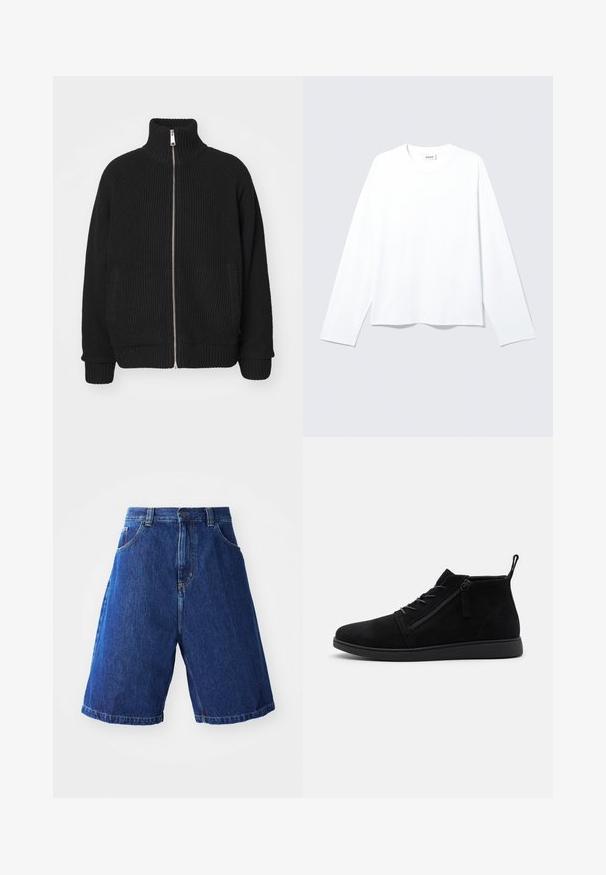 Carhartt WIP BANLEY JACKET - Chaqueta de punto - black; Camiseta blanca lisa de manga larga con cuello redondo, corte holgado y etiqueta de la marca visible en el cuello, colocada plana sobre un fondo claro.; Shorts de mezclilla con un lavado azul, con una cintura alta, dos bolsillos delanteros y costuras amarillas a lo largo de las costuras.; Las botas de tobillo de ante negro cuentan con una punta redondeada, cordones frontales y una cremallera lateral. La suela es plana con un acabado texturizado para un mejor agarre.