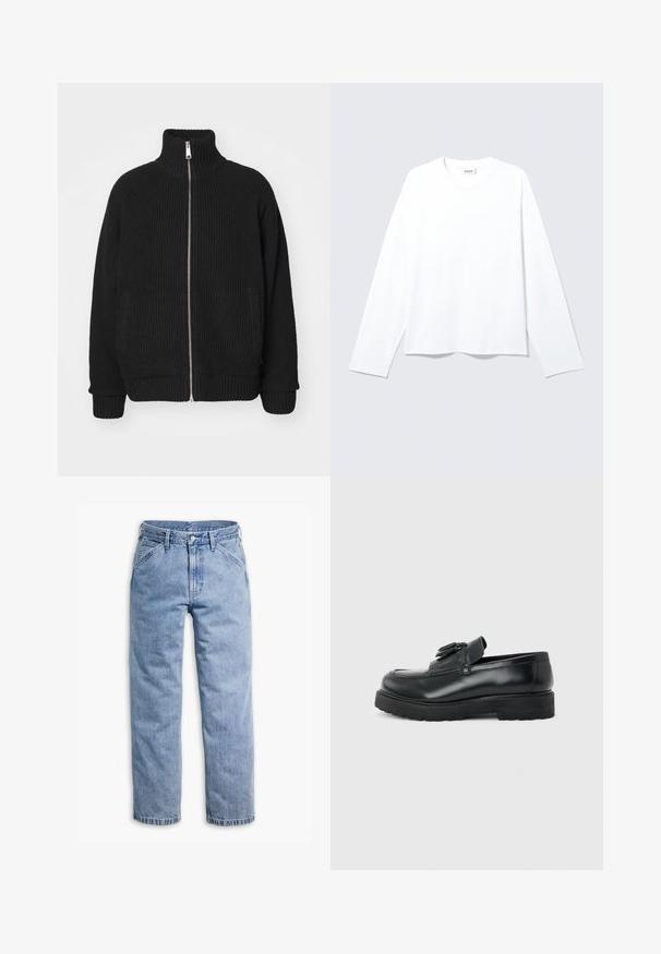 Carhartt WIP BANLEY JACKET - Chaqueta de punto - black; Camiseta blanca lisa de manga larga con cuello redondo, corte holgado y etiqueta de la marca visible en el cuello, colocada plana sobre un fondo claro.; Vaqueros de mezclilla azul claro de pierna recta con cierre frontal de botón y cremallera, trabillas para cinturón y bolsillos delanteros inclinados.; Mocasín de cuero negro con borlas, suela de caucho gruesa y tacón bajo, mostrado de perfil sobre un fondo liso.