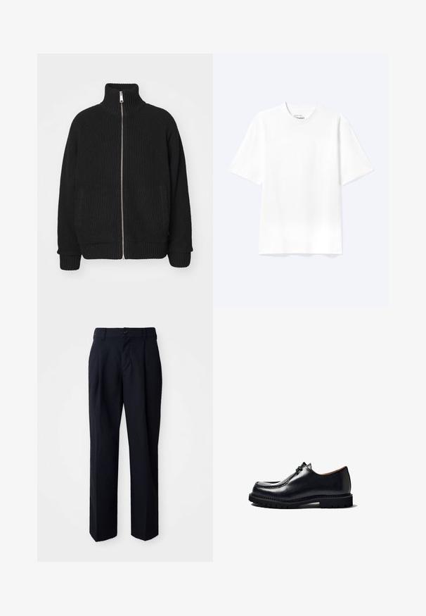Carhartt WIP BANLEY JACKET - Chaqueta de punto - black; Camiseta lisa blanca de manga corta y cuello redondo con un corte relajado, mostrada sobre un fondo claro.; Pantalones negros de corte recto, fabricados en tejido suave. Presentan un botón en la cintura, trabillas para cinturón y detalles de pliegues en la parte delantera para estructurar.; Zapato de cuero negro con puntera redonda, diseño con cordones, detalles de costura y suela de goma texturizada. Superficie lisa con un acabado brillante.