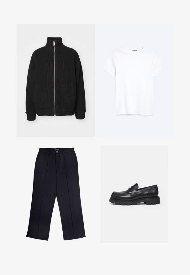 Carhartt WIP BANLEY JACKET - Chaqueta de punto - black; Camiseta blanca lisa de cuello redondo y manga corta con una etiqueta visible de la marca WEEKDAY en el cuello, mostrada sobre un fondo claro.; Pantalones de pierna ancha negros de tejido suave que cuentan con cremallera, cierre de botón y bolsillos frontales. Detalle de pliegue notable a lo largo de cada pierna.; Mocasín negro de cuero con suela gruesa y acanalada y detalle de tira para moneda, mostrado en perfil lateral derecho sobre fondo blanco.