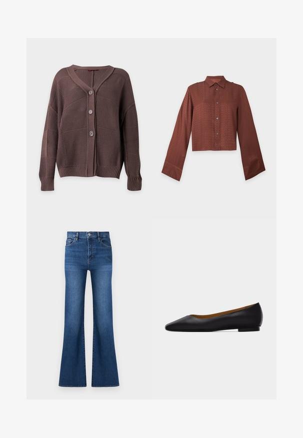 Cardigan marron tricoté avec trois boutons, poignets et ourlet côtelés, et col en V sur un fond uni.; Chemise marron à manches longues avec boutons, motif texturé subtil et larges poignets, présentée sur un fond uni clair.; Jean en denim bleu taille haute avec fermeture à boutons, poches avant, et jambes larges légèrement évasées sur fond blanc.; Chaussure plate en cuir noir à bout pointu avec talon bas et finition lisse, vue de côté sur un fond gris clair.