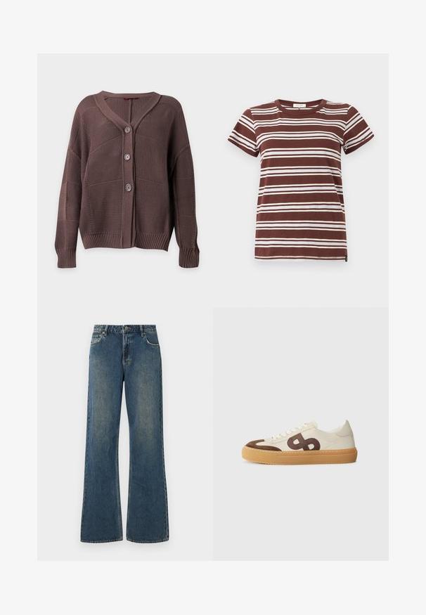 Chaqueta de punto marrón con tres botones, puños y dobladillo acanalados, y cuello en V sobre un fondo liso.; Camiseta marrón a rayas con franjas blancas horizontales, mangas cortas y un cuello redondo clásico, hecha de algodón suave.; Jeans de denim de pierna ancha en azul medio con un acabado desgastado. Presenta cinco bolsillos, trabillas para el cinturón y un cierre de botón metálico. Tejido de algodón.; Zapatillas con parte superior de lona color crema, acentos de ante marrón, un gran logotipo estilizado y una suela de goma beige con agarre texturizado.