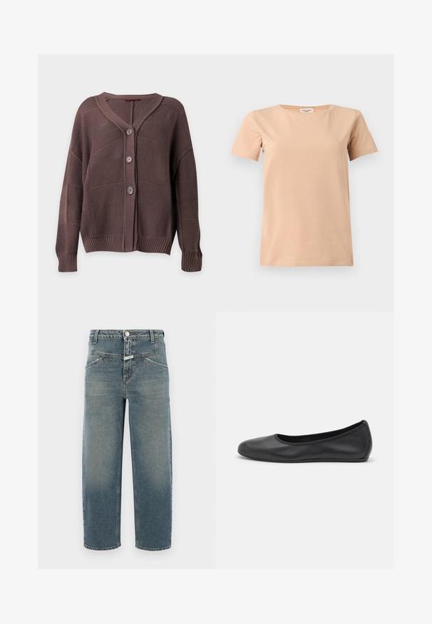 Bruine gebreide cardigan met drie knopen, geribde manchetten en zoom, en een V-halskraag op een effen achtergrond.; Beige T-shirt met korte mouwen, ronde hals en rechte zoom op een effen lichtgrijze achtergrond.; CLOSED STOVER X - Jeans Tapered Fit - mid blue; Zwarte leren ballerina met een ronde neus, gladde textuur, minimale stikdetails en een flexibele zoolontwerp.