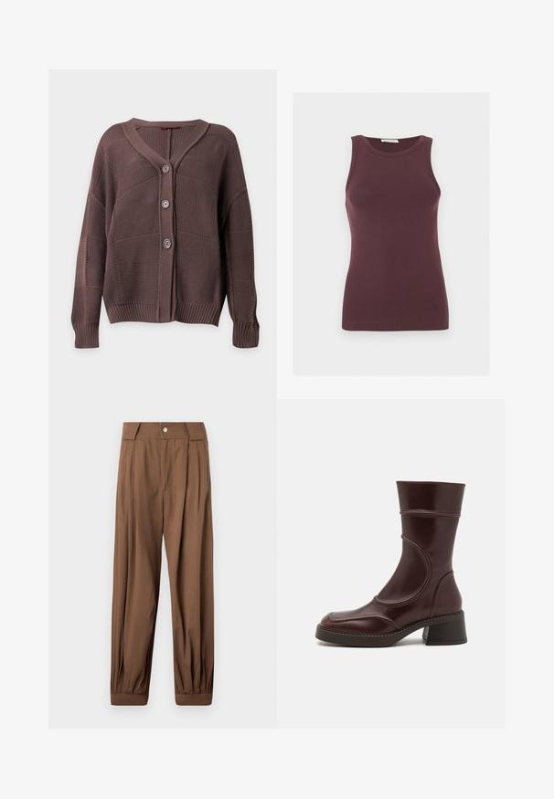 Brauner gestrickter Cardigan mit drei Knöpfen, gerippten Bündchen und Saum sowie V-Ausschnitt auf einfarbigem Hintergrund.; Ärmelloses, dunkelviolettes, eng anliegendes Tanktop mit rundem Ausschnitt und dezentem Logo nahe dem Saum, auf hellem, einfachem Hintergrund dargestellt.; Braune Hose mit hoher Taille, Falten vorne und elastischen Bündchen, mit Gürtelschlaufen und Knopfverschluss.; MIISTA MALENE - Stiefelette - brown