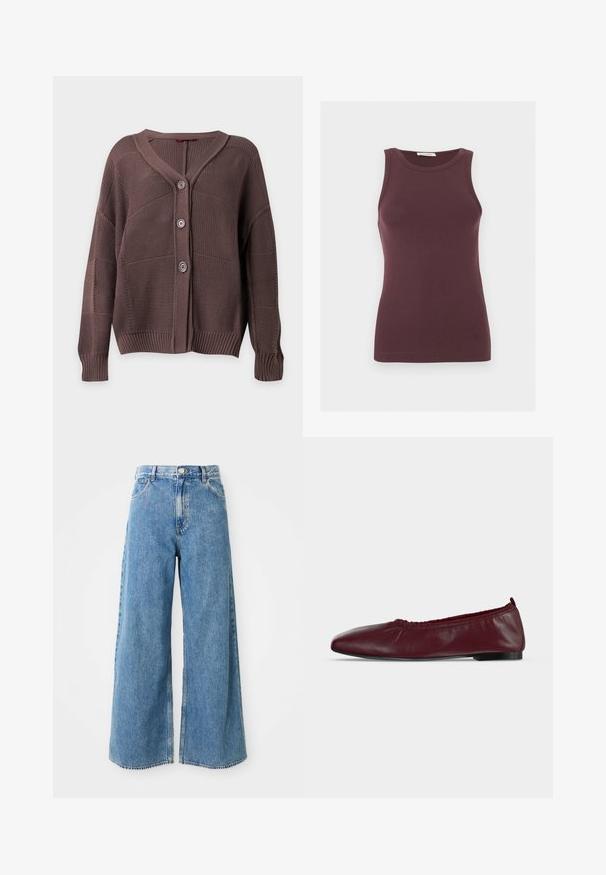 Bruine gebreide cardigan met drie knopen, geribde manchetten en zoom, en een V-halskraag op een effen achtergrond.; Mouwloze donkerpaarse aansluitende tanktop met ronde halslijn en subtiel logo bij de zoom, weergegeven op een effen lichte achtergrond.; Hoge taille lichtblauwe wijde spijkerbroek met knoop aan de voorkant, ritsluiting en voorzakken op een witte achtergrond.; Bordeauxrode leren ballerina met geplooide elastische bovenrand en dunne zwarte zool op witte achtergrond.