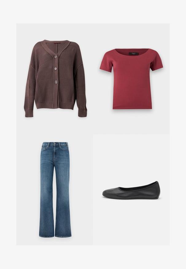 Cardigan marron tricoté avec trois boutons, poignets et ourlet côtelés, et col en V sur un fond uni.; Haut pour femmes à manches courtes, de couleur rose foncé, avec un large décolleté en arrondi et une coupe ajustée, posé à plat sur un fond blanc.; Jean en denim bleu avec une coupe large, fermeture à bouton et à zipper, et poches avant et arrière, présentés sur un fond blanc uni.; Ballerines en cuir noir avec un bout rond, texture lisse, détails de couture minimalistes et design de semelle flexible.