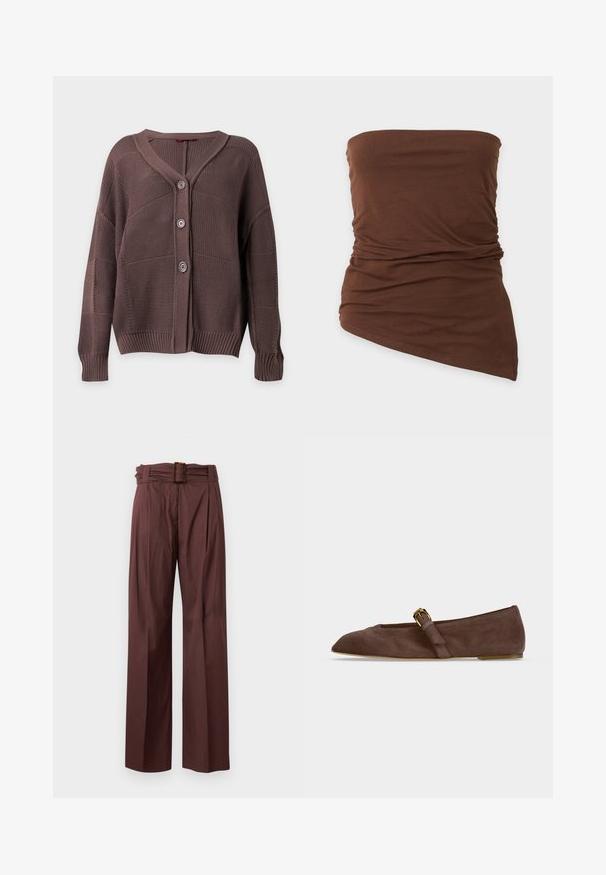 Cardigan marron tricoté avec trois boutons, poignets et ourlet côtelés, et col en V sur un fond uni.; Haut tube marron sans bretelles avec tissu froncé et ourlet asymétrique sur fond uni.; Pantalon marron taille haute à jambes larges, devant plissé et ceinture assortie avec boucle rectangulaire en écaille.; Chaussure plate en daim marron avec bout pointu et bride à boucle dorée sur le côté, vue de profil sur fond blanc.