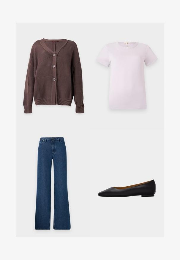 Brauner gestrickter Cardigan mit drei Knöpfen, gerippten Bündchen und Saum sowie V-Ausschnitt auf einfarbigem Hintergrund.; Hellviolettes Baumwoll-T-Shirt mit kurzen Ärmeln, Rundhalsausschnitt, sichtbaren Nähten und einem Stoffetikett am hinteren Kragen.; Blaue Denim-Bootcut-Jeans mit hoher Taille, fünf Taschen-Design und Metallknopfverschluss. Glatte Textur, lässiger Stil und minimale Nähte.; Schwarzer flacher Schuh aus Leder mit spitz zulaufender Vorderkappe, niedrigem Absatz und glatter Oberfläche, von der Seite vor einem hellgrauen Hintergrund dargestellt.